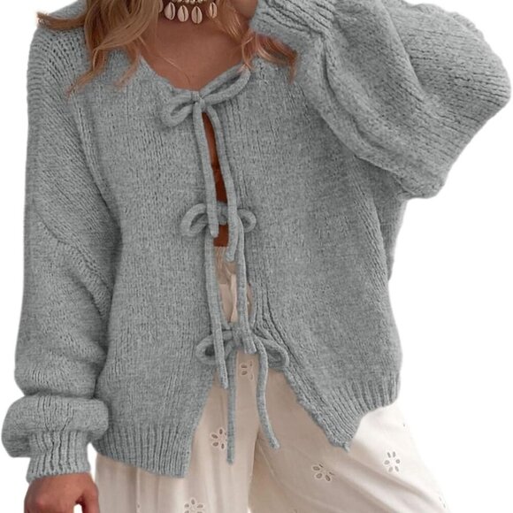 Women's Tie Front Bow Cardigan Sweaters Chunky Knit Long Puff Sleeve Trendy Fall - Picture 1 of 8